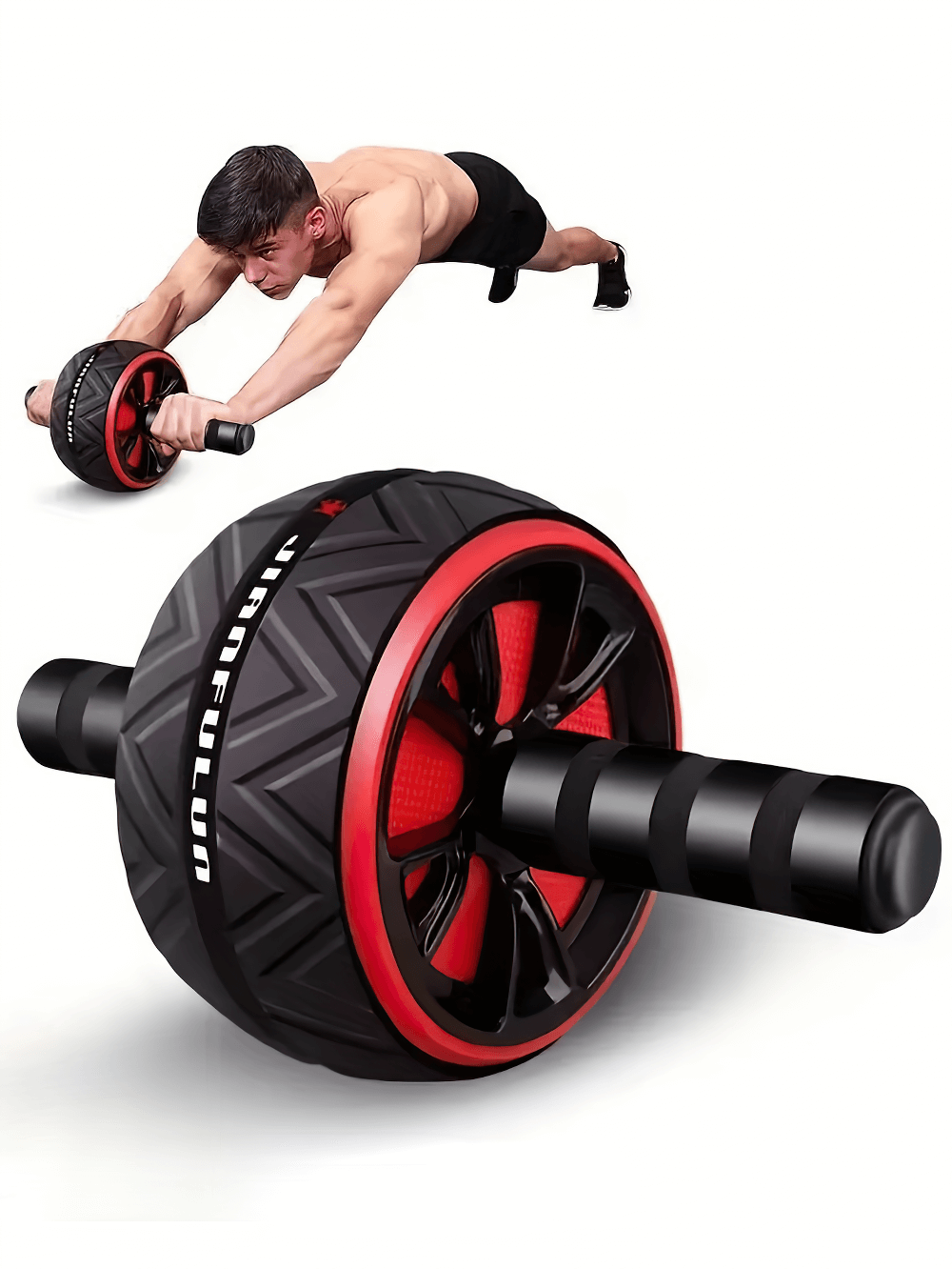 Heavy-duty stainless steel ab roller with non-slip handles for chest and core training, featuring a wide stable wheel. SF2798 model.