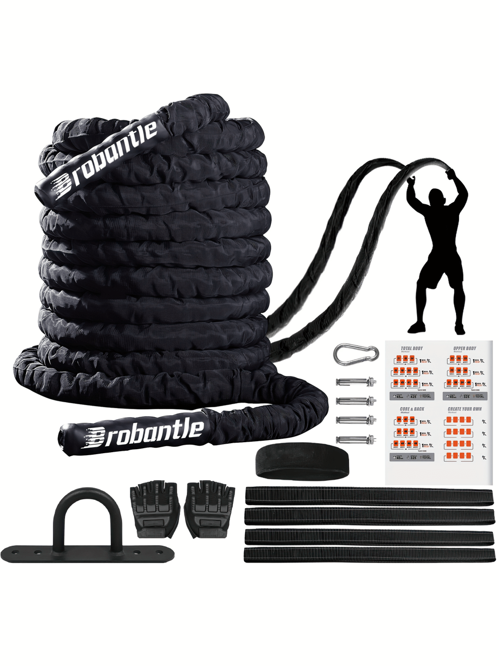 Heavy-duty battle rope SF2889 set with durable grip handles for strength workouts, includes adjustable length and accessories.