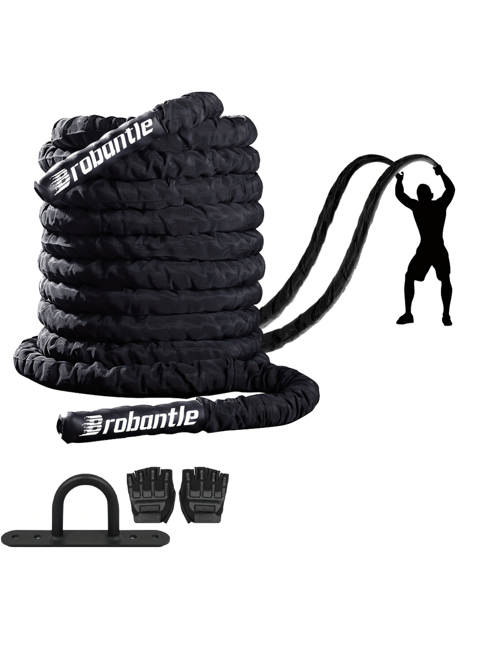 Heavy-duty battle rope with durable grip handles for strength workouts, featuring adjustable length and high-density polyester material.