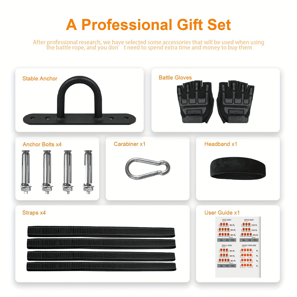 Professional gift set for battle rope includes anchor, gloves, bolts, carabiner, headband, straps, and user guide for strength training.