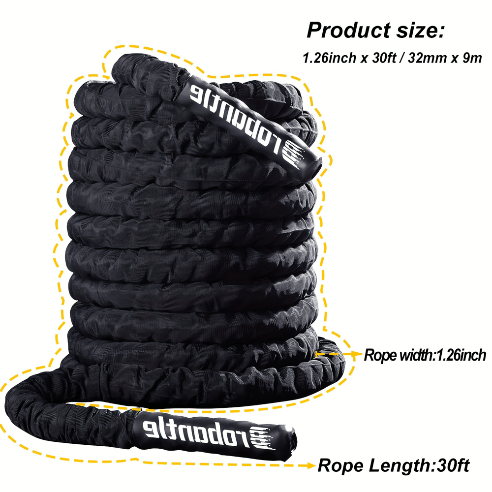 Heavy-duty battle rope for strength workouts, 1.26 inch width, 30ft length with durable grip handles, perfect for full-body training.