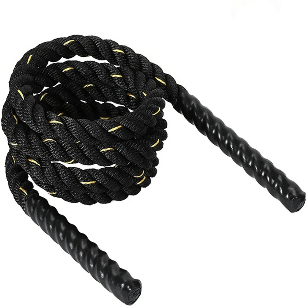 Heavy Duty Black and Yellow Battle Jump Rope SF3288 with rubber handles for strength training and endurance workouts.
