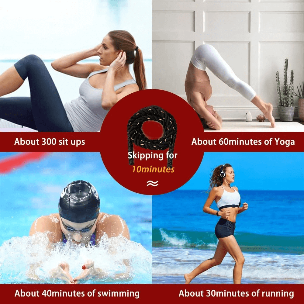 10-minute jump rope workout equals 300 sit-ups, 60 minutes of yoga, 40 minutes of swimming, or 30 minutes of running.