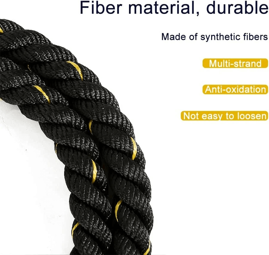 Close-up of black and yellow multi-strand synthetic fiber jump rope with anti-oxidation durability features.