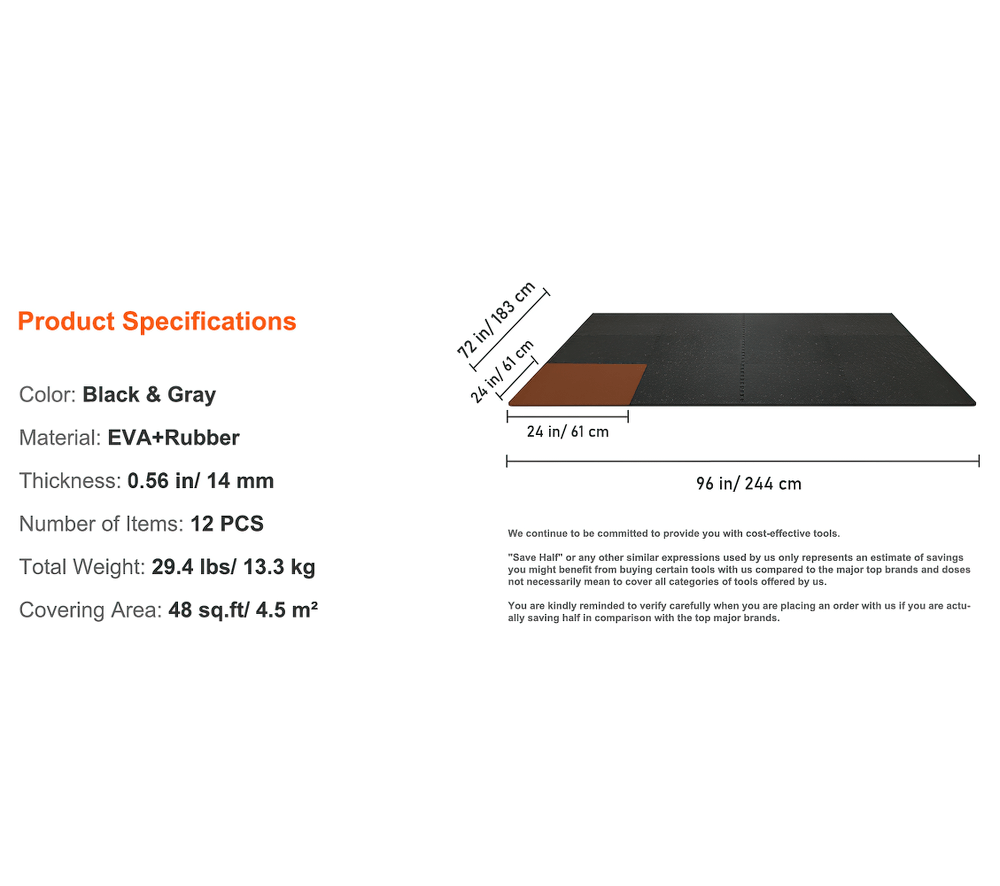 Product specifications for heavy-duty EVA rubber gym mats, 12 pieces, black and gray, 96x24 inches, shock-absorbing and durable.