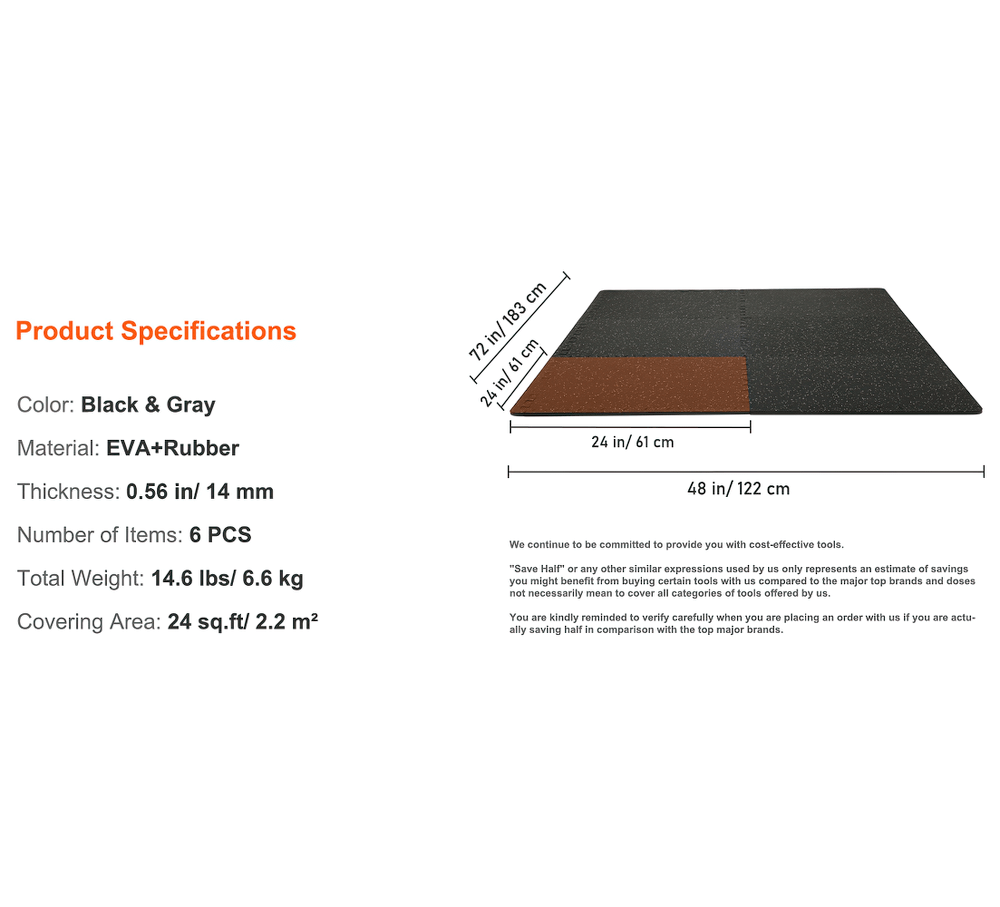 Heavy-duty EVA foam rubber gym mats specifications and dimensions shown in black and gray colors, ideal for fitness flooring.