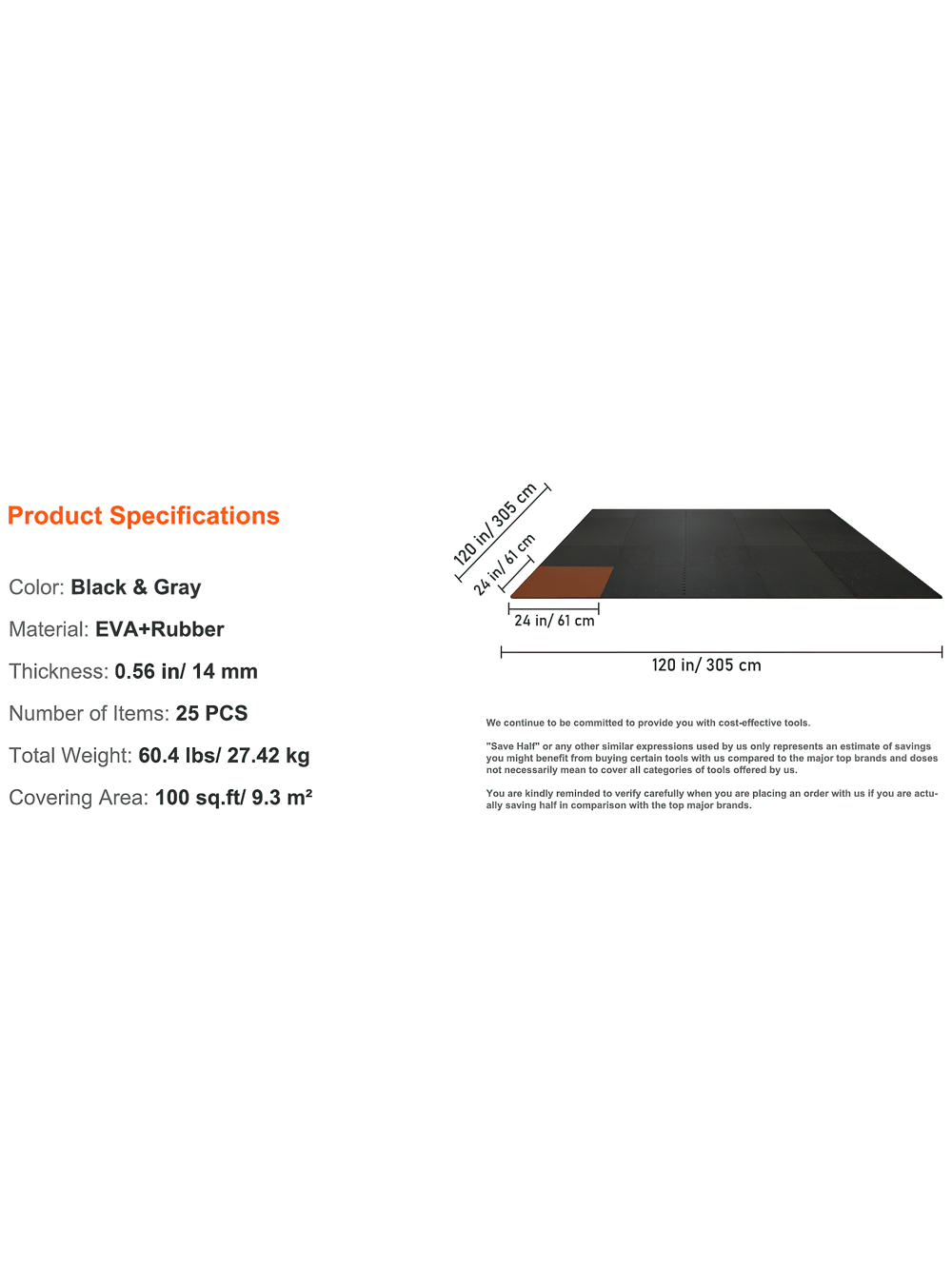 Heavy-duty EVA foam rubber mats in black and gray with product specifications for gym flooring, featuring interlocking design.