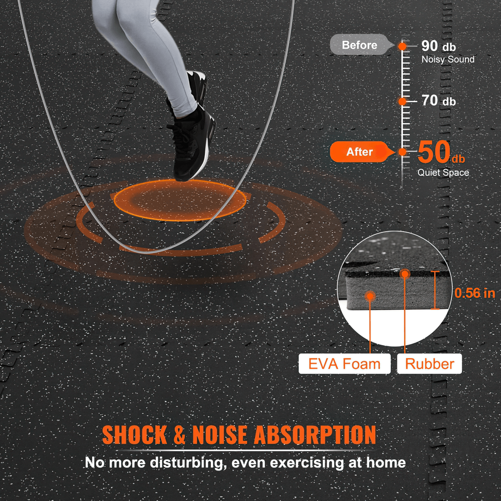 Person jumping on interlocking EVA foam rubber mats showing shock and noise absorption with decibel levels for quiet workouts at home.