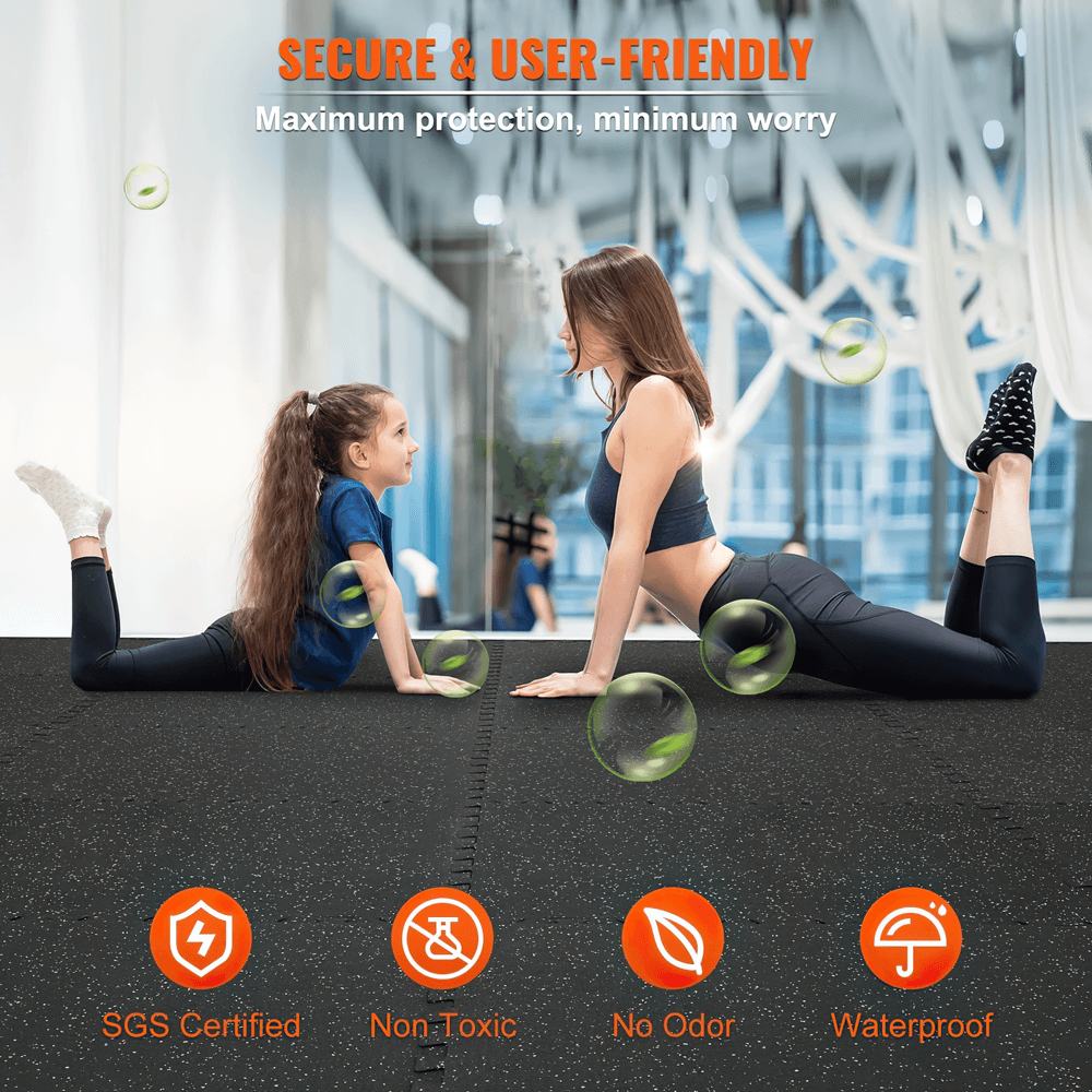Woman and girl exercising on heavy-duty EVA foam rubber mats in gym, emphasizing safety and durability.
