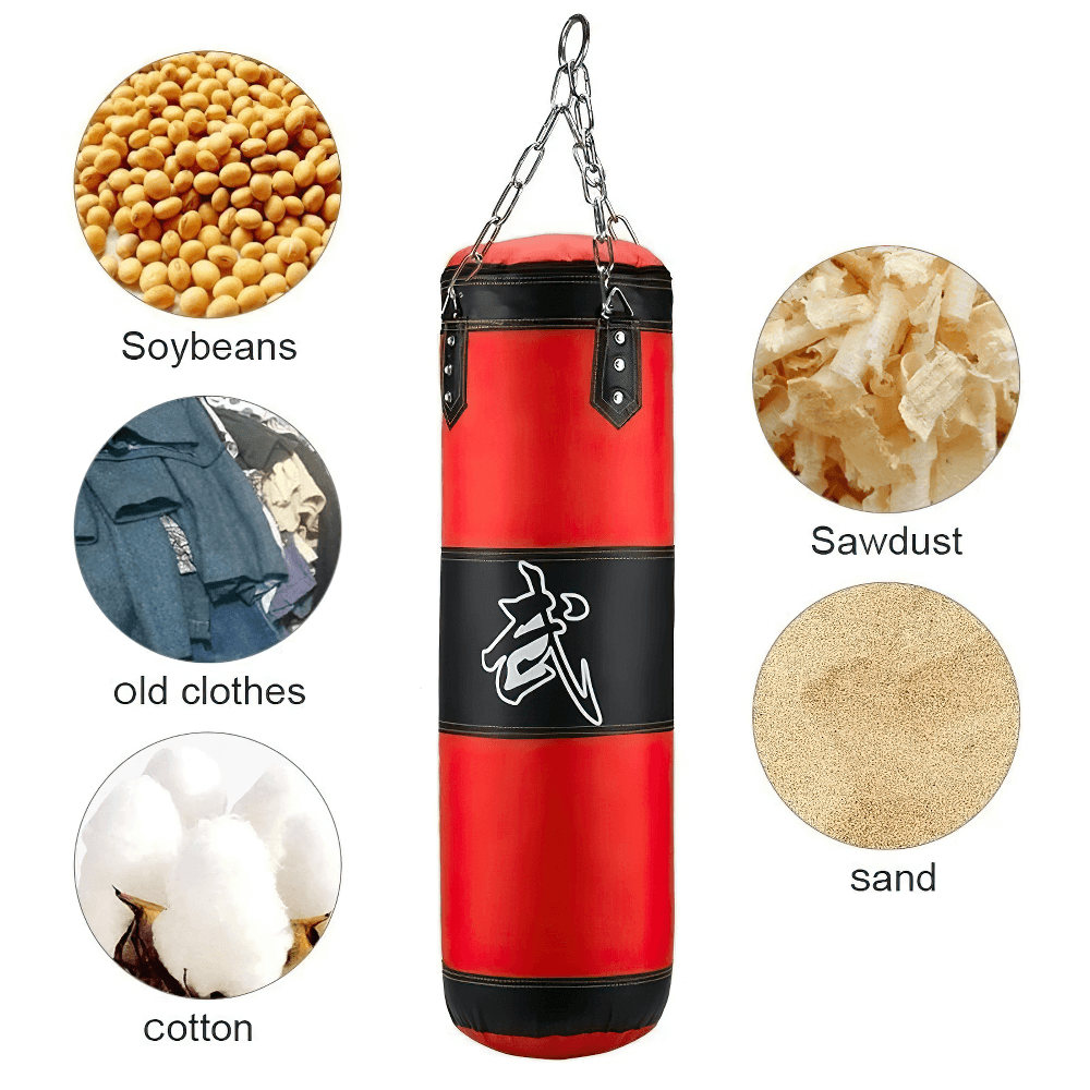Heavy-duty red boxing punching bag with customizable fillings like soybeans, sawdust, cotton, and old clothes. Ideal for intense training.