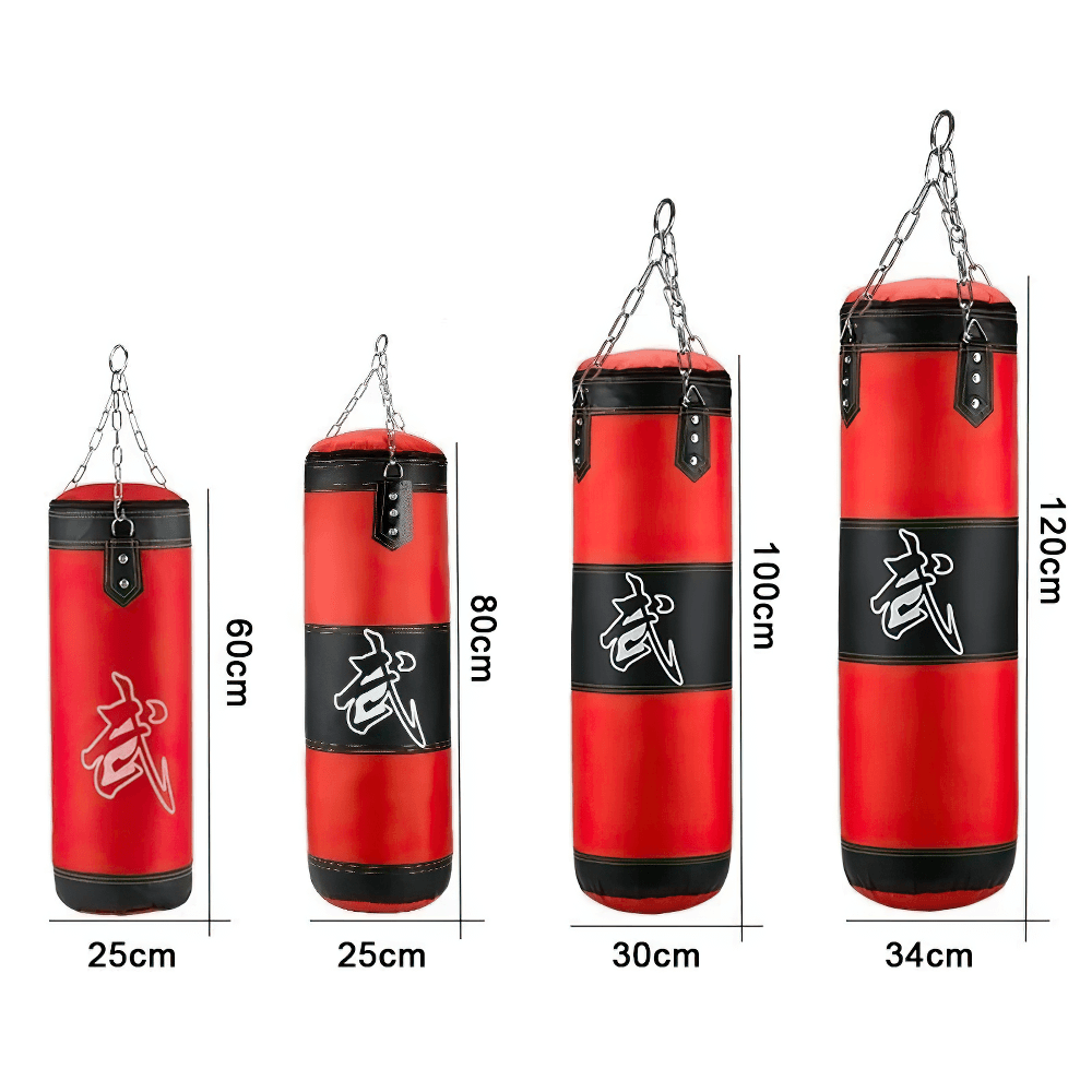 Four sizes of red boxing punching bags for training, labeled with measurements in cm, showcasing reinforced stitching and durable fabric.