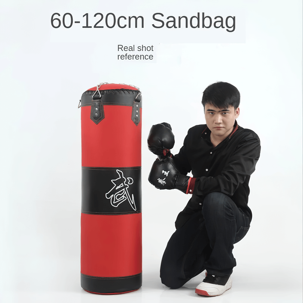 Heavy-duty red boxing punching bag with a person posed for size reference, ideal for training, strength, and endurance.