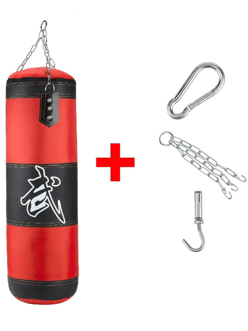 Heavy-duty hanging red boxing punching bag SF2719 with installation accessories. Perfect for home gym and intense MMA training.
