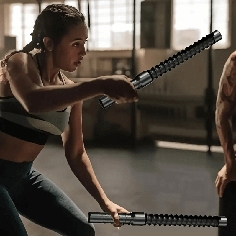 Woman using Heavy Duty Power Twister Bar for arm and chest workout in gym setting - SF3286, adjustable resistance.
