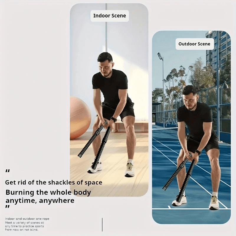 Man using heavy duty power twister bar indoors and outdoors for arm and chest workouts, ideal for athletes and fitness enthusiasts.