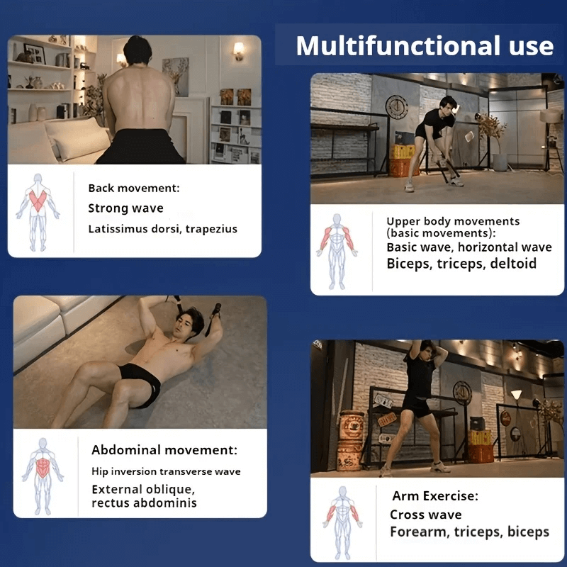 Collage showcasing multifunctional exercises: back, upper body, abdominal, and arm movements targeting various muscle groups.