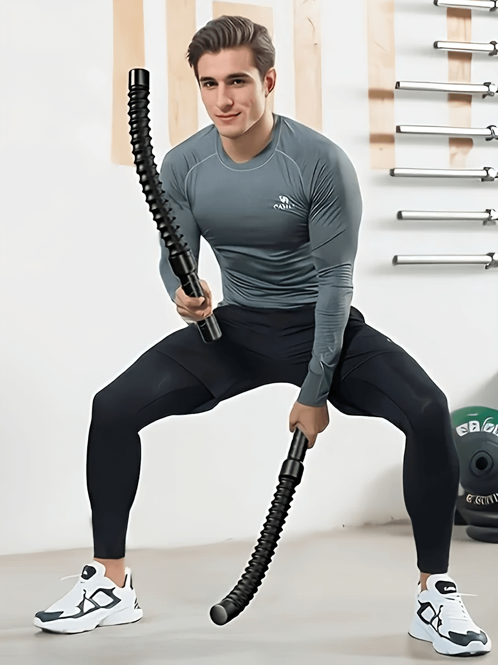 Man using Heavy Duty Power Twister Bar Set for arm and chest workout in gym setting, showcasing adjustable resistance feature.