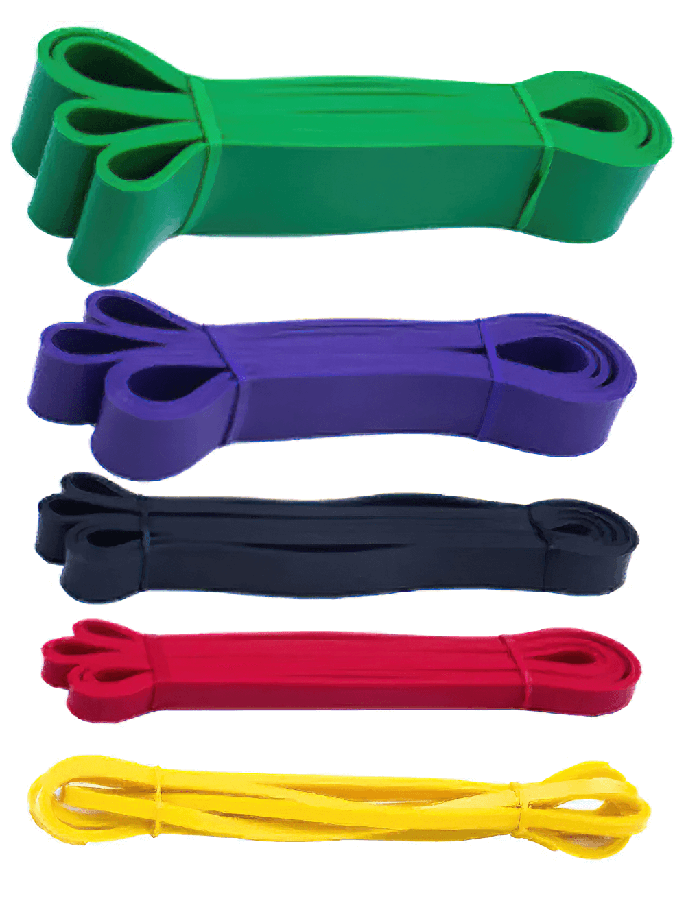 Colorful heavy-duty resistance bands for strength training. Includes green, purple, black, red, and yellow latex fitness bands.