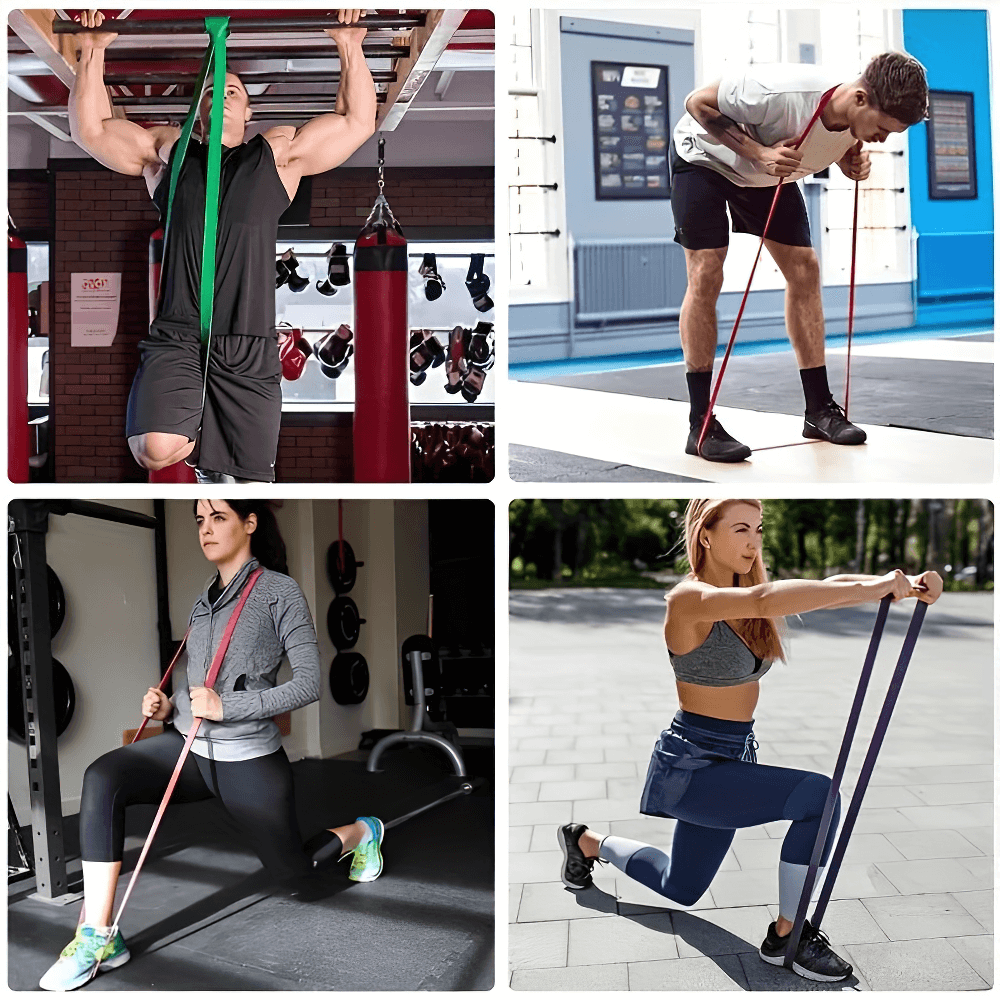 Collage of athletes using heavy-duty resistance bands for diverse fitness workouts at gym and outdoors, showcasing strength training exercises.