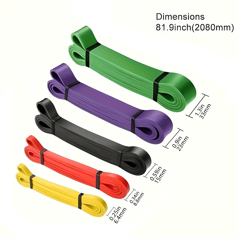 Rainbow of heavy-duty resistance bands in green, purple, black, red, and yellow for strength training and home workouts, SF3008.