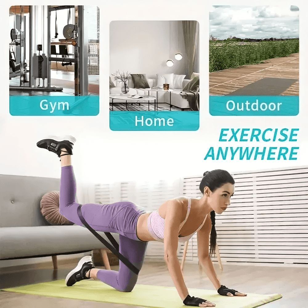 Woman using heavy-duty resistance bands for workout, showcasing gym, home, outdoor fitness versatility. Exercise anywhere.