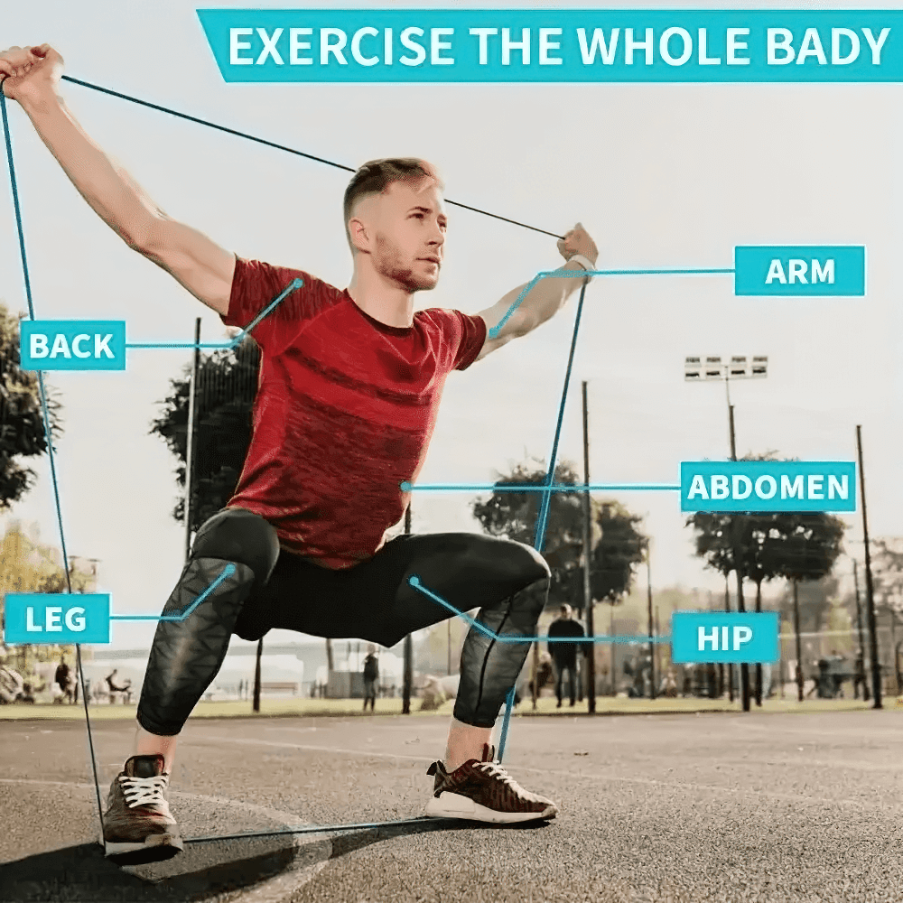 Man using resistance bands for full-body outdoor workout targeting legs, arms, back, hips, and abdomen. Exercise the whole body.