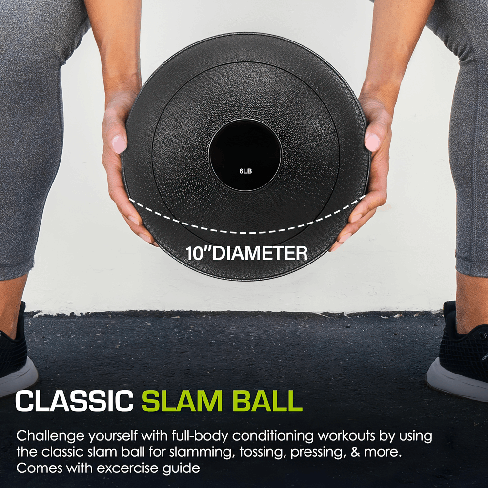 Person holding 6lb classic slam ball, 10” diameter, ideal for full-body workouts, slams, and cardio training.