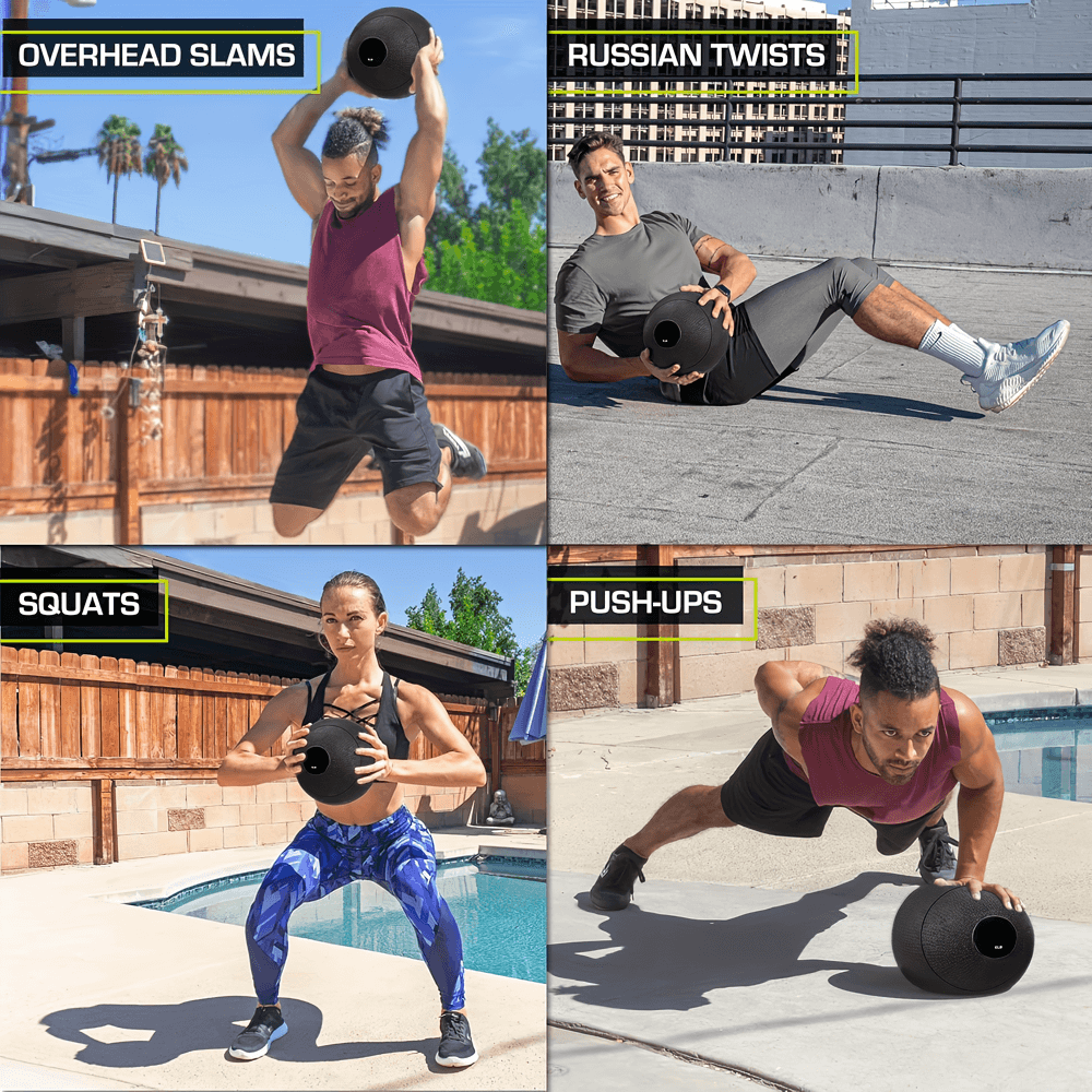 Four athletes using a heavy-duty slam ball for exercises: overhead slams, Russian twists, squats, and push-ups in an outdoor setting.