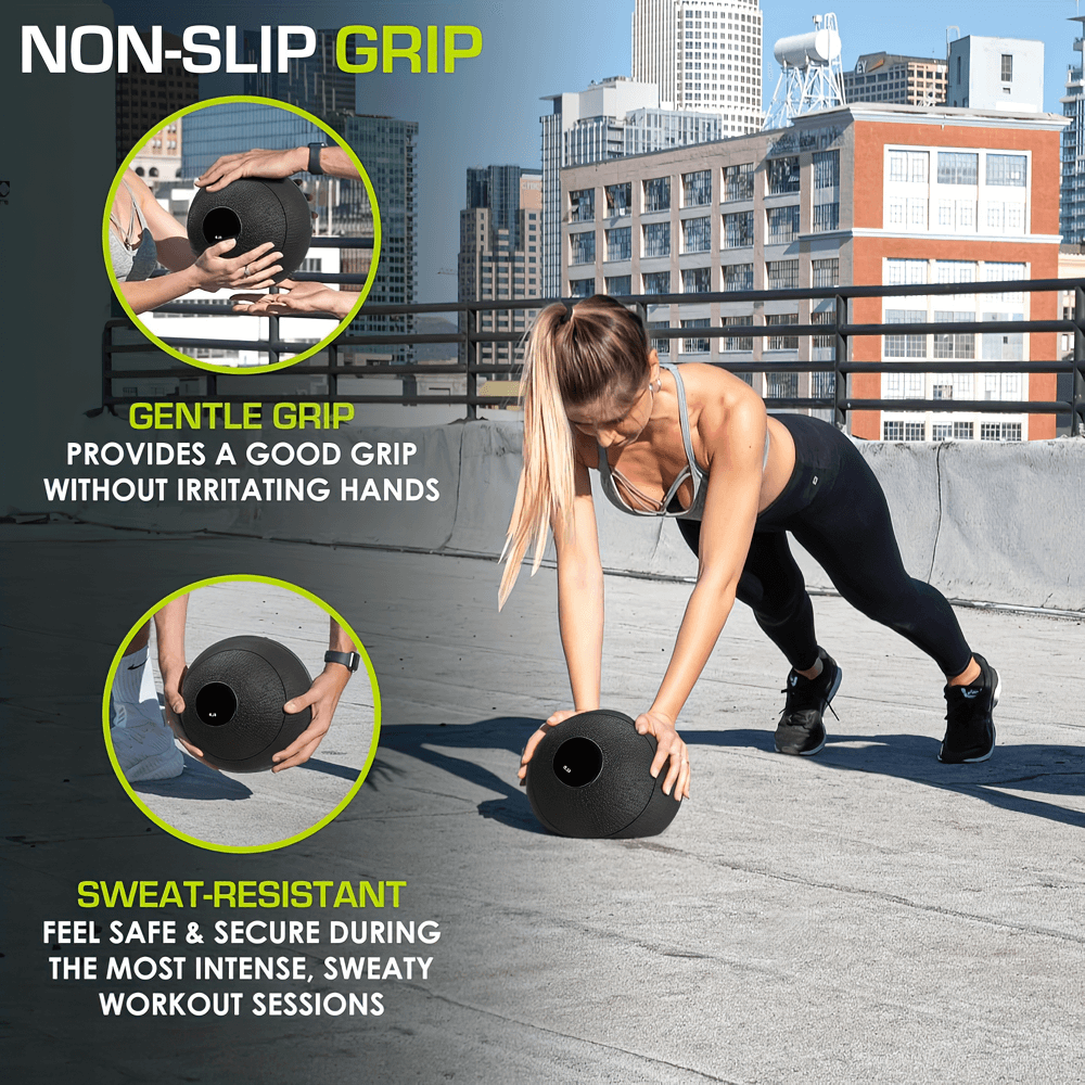 Woman using a heavy-duty slam ball with non-slip grip for outdoor strength training on a rooftop, highlighting gentle and sweat-resistant features.