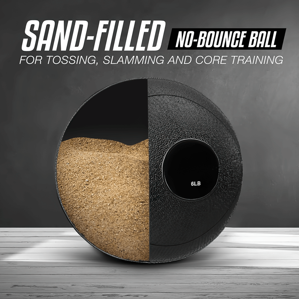 Heavy-duty 6lb slam ball with sand-filled non-bounce design for intense core training and cardio workouts on wooden floor.