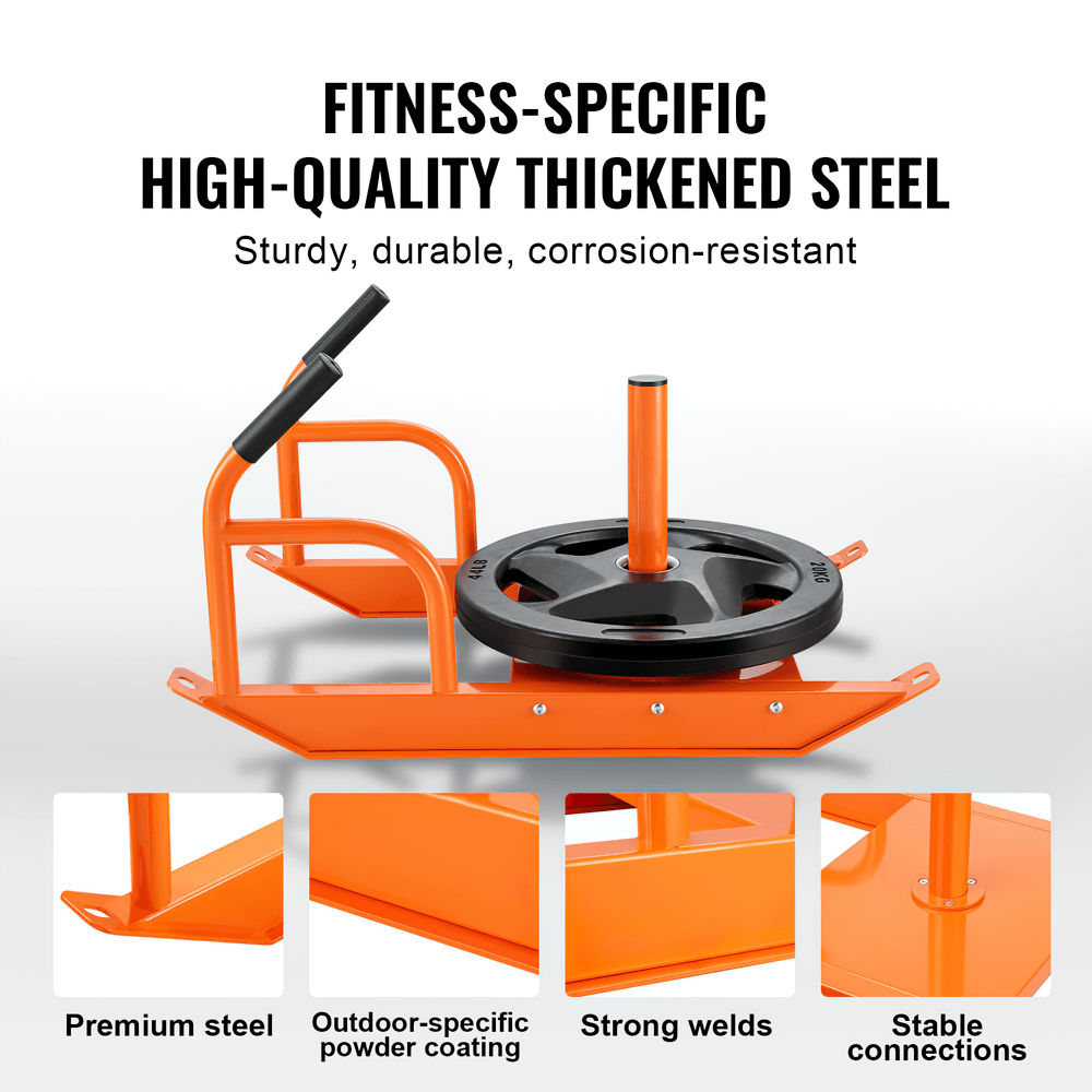 Heavy-duty orange power sled with thickened steel and weight plate, ideal for strength training and endurance workouts.