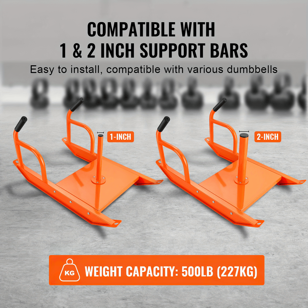 Heavy-duty power sled with 1 & 2 inch support bars, 500lb capacity, for versatile strength and speed training workouts.