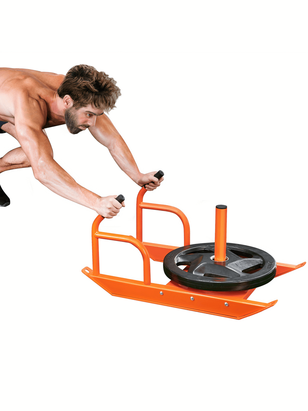 Heavy-duty power sled with weight plates for strength training, enhancing explosive power and agility.