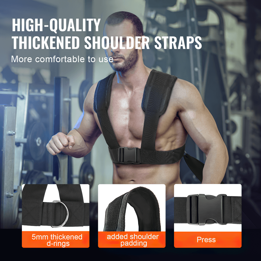 Man wearing training harness with thickened shoulder straps for comfort and support during workouts.