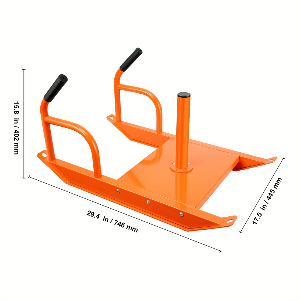 Orange heavy-duty speed training power sled with measurements, perfect for strength and endurance workouts.