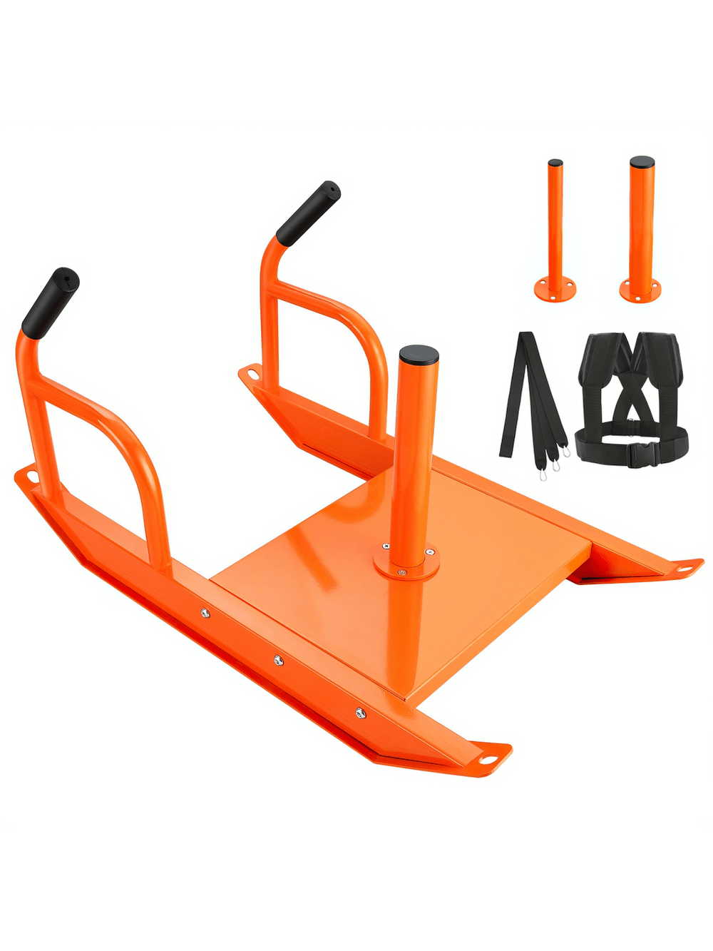 Heavy-duty orange power sled with handles and accessories for weight training and endurance workouts.