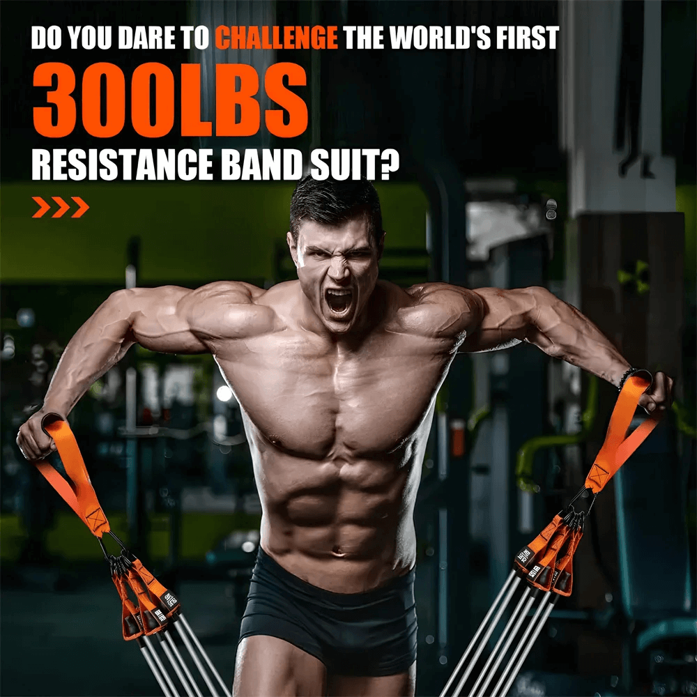 Muscular man using Heavy Resistance Bands Set with Handles in gym