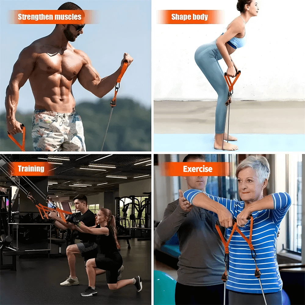 Collage of people using heavy resistance bands for strength training, shaping bodies, and enhancing fitness in various exercises.
