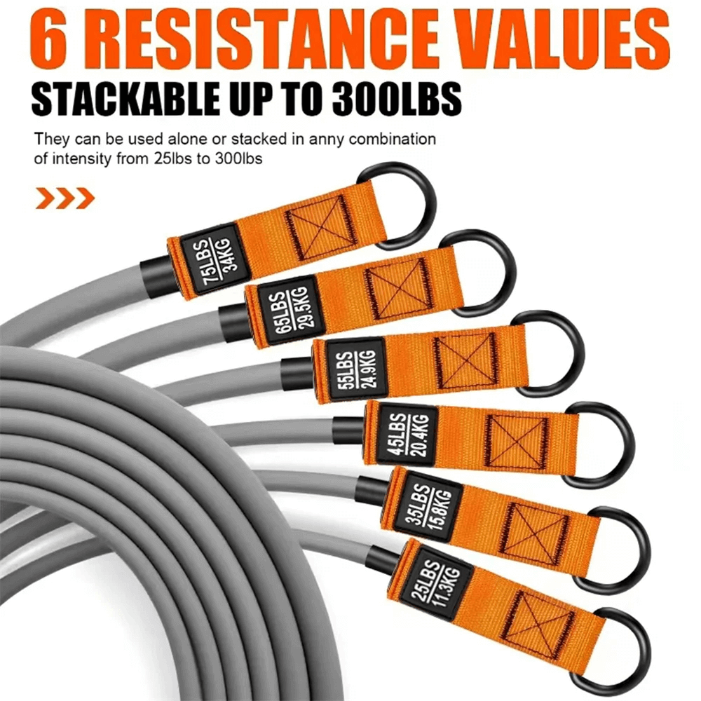 Heavy resistance bands set with stackable weights up to 300lbs, featuring handles and adjustable straps for home gym workouts.