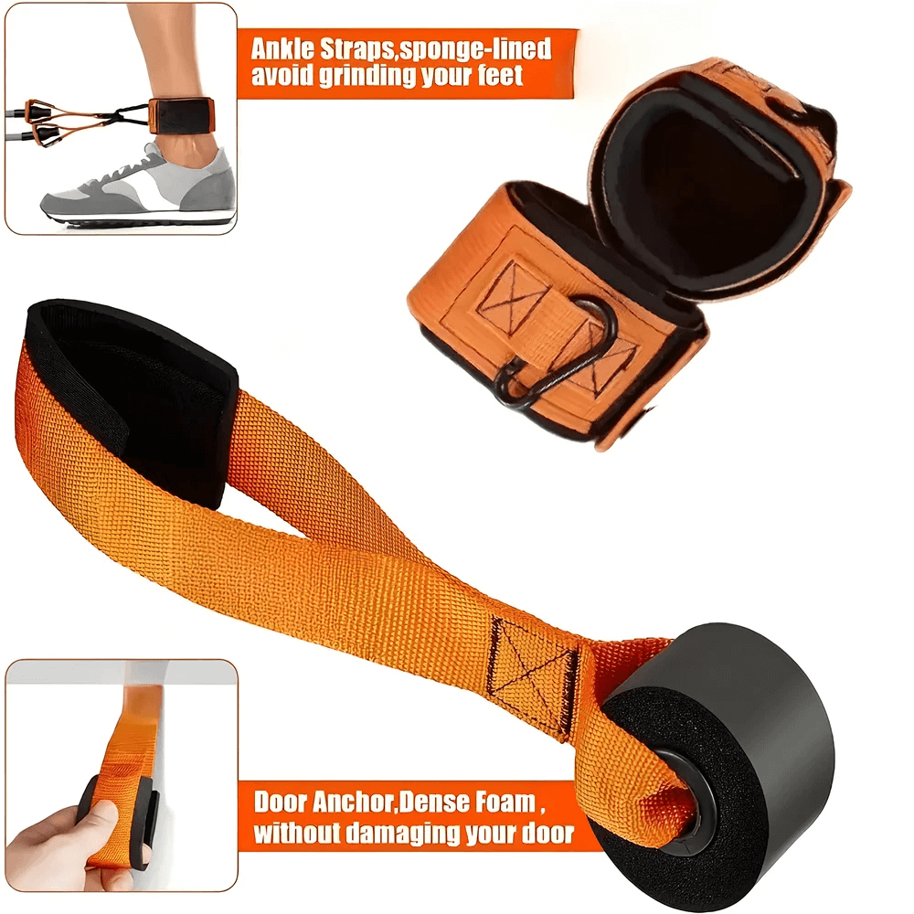 Heavy resistance bands set with ankle straps and door anchor for home workouts.