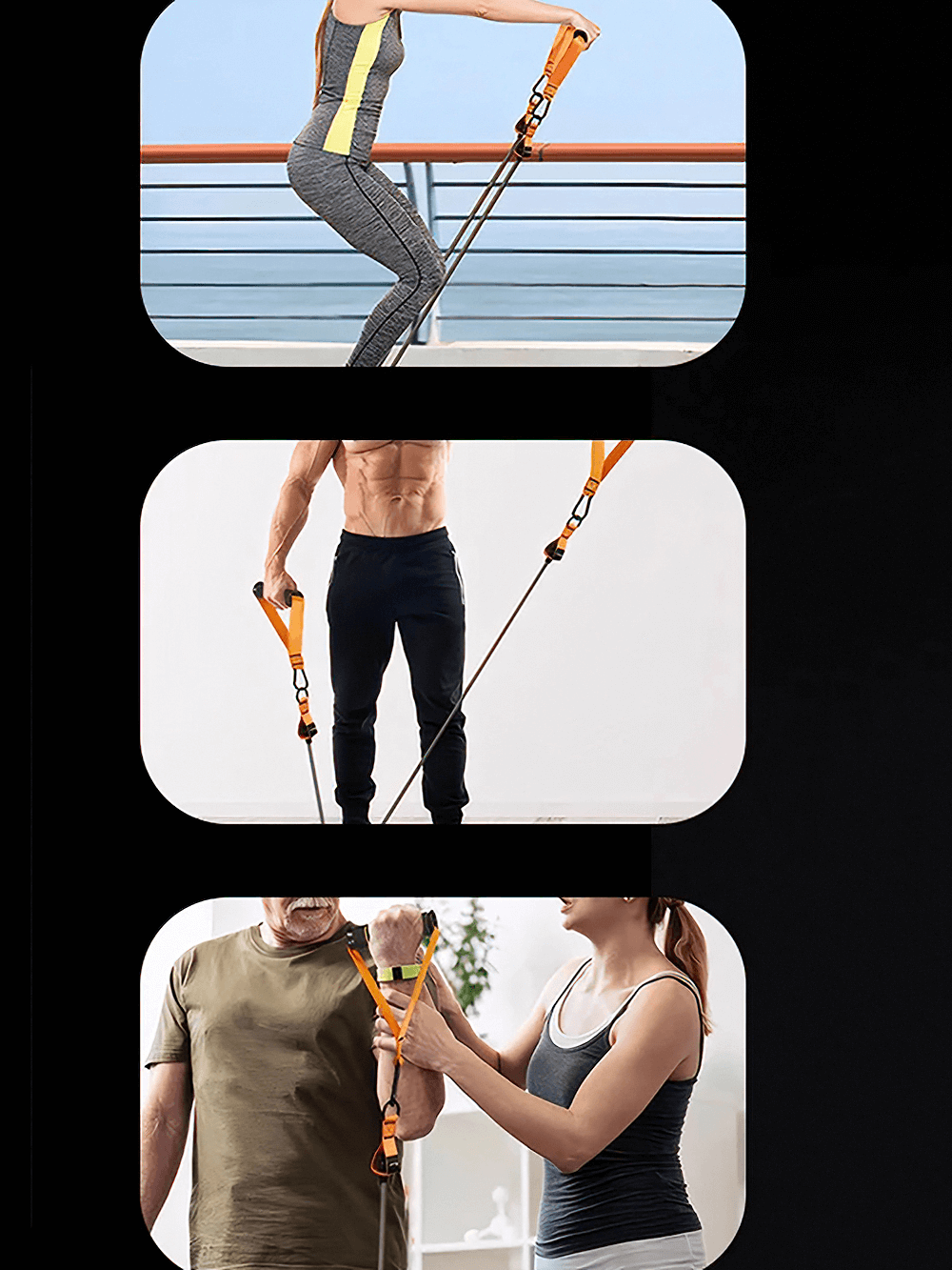 People using Heavy Resistance Bands Set SF3415 for home workouts, showcasing durability, adjustable straps, and secure handles.