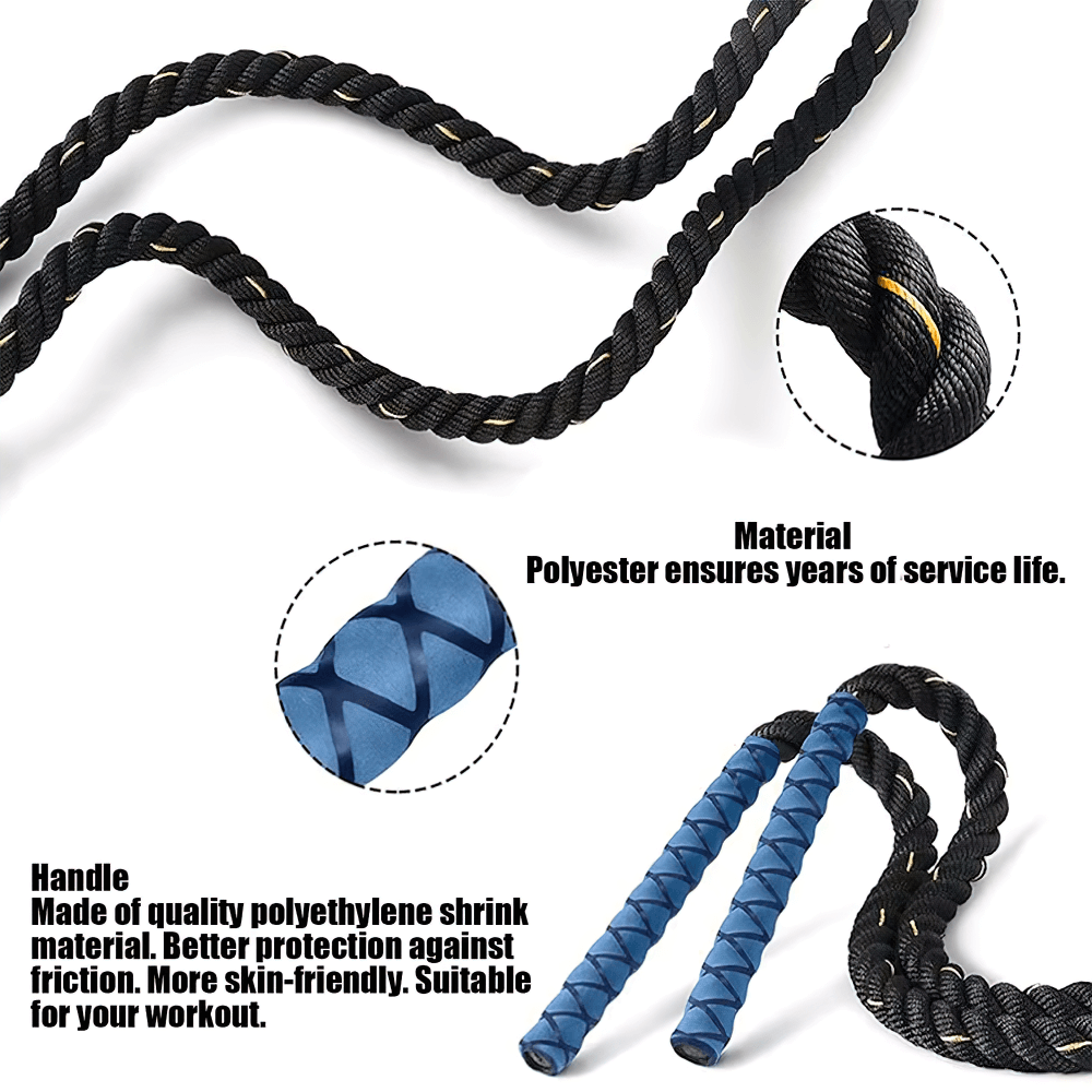 Heavy weighted jump rope with durable polyester and blue textured handles for cardio and strength training.
