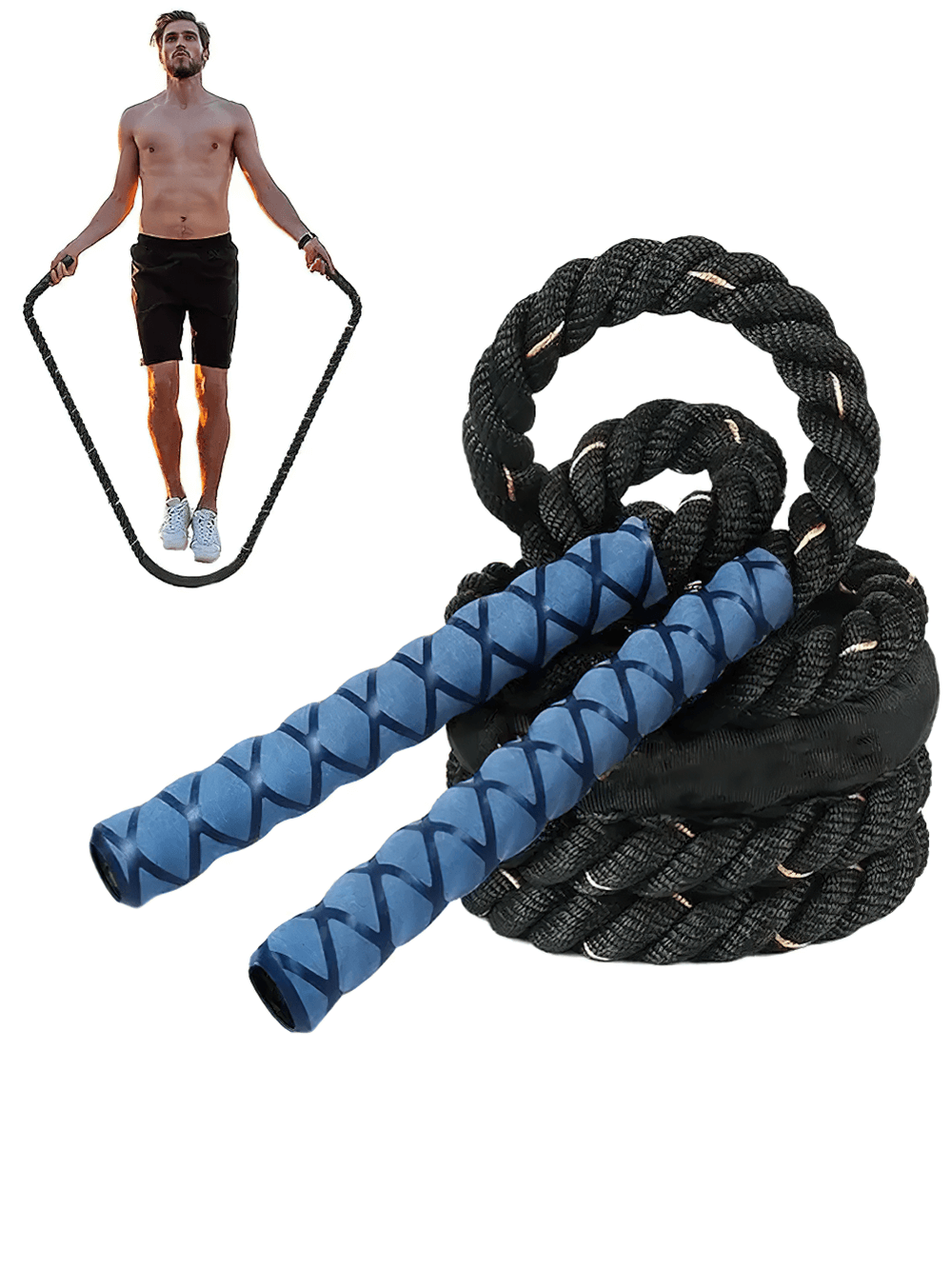 Durable heavy weighted jump rope with blue textured handles, perfect for cardio and strength training fitness sessions indoors.