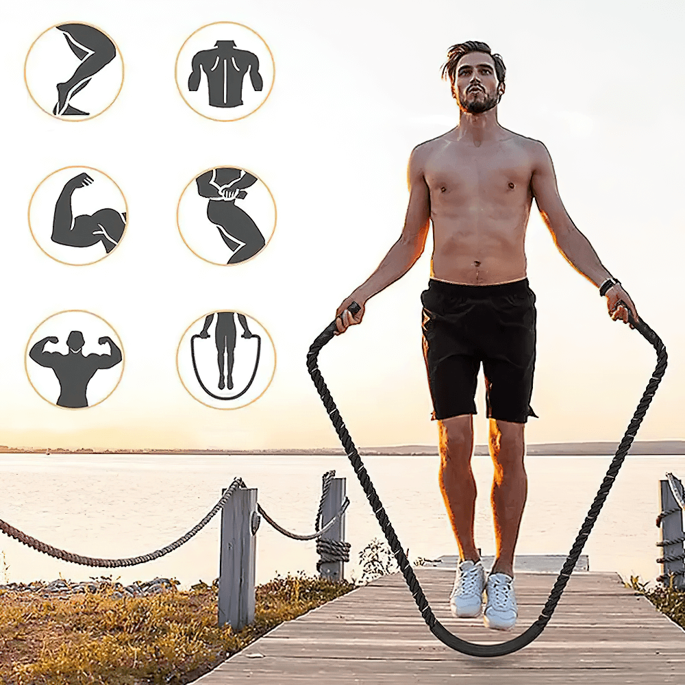Man using heavy weighted jump rope for cardio and strength workout outdoors, showcasing full-body training with durable battle skipping rope.