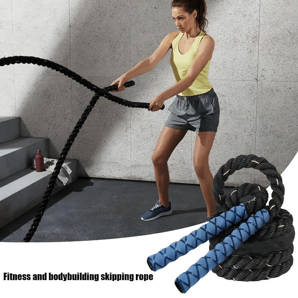 Woman using SF3083 heavy weighted jump rope for cardio and strength training, featuring durable design and secure grip handles.