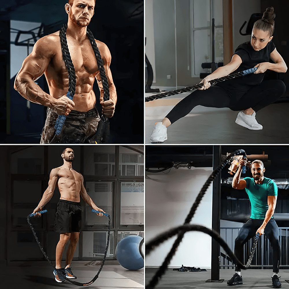 Individuals using the SF3083 heavy weighted jump rope for cardio, strength, and endurance training, showcasing versatile workouts.