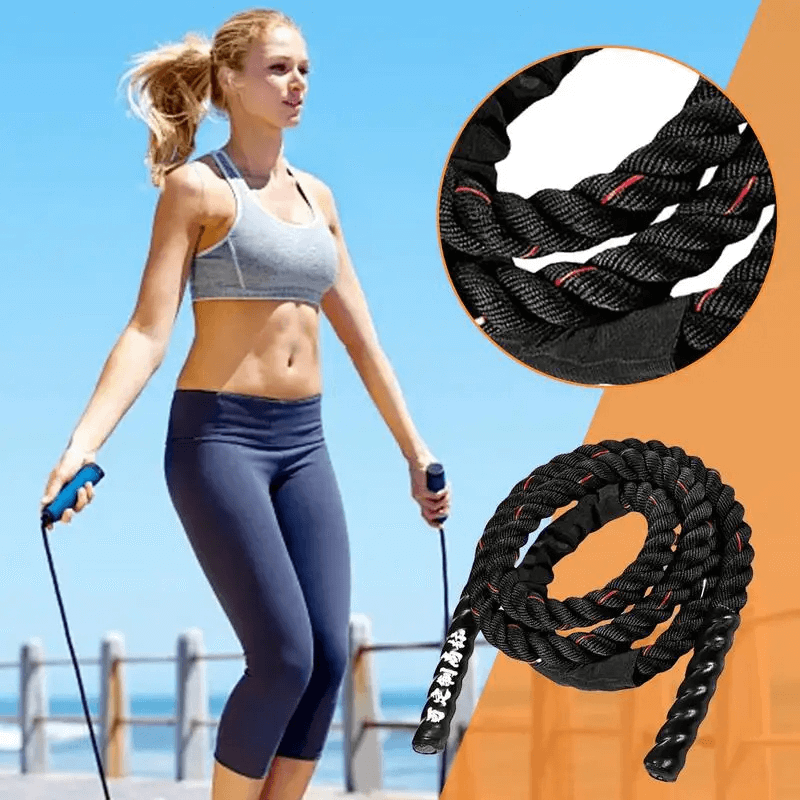 Woman using heavy weighted jumping rope for exercise outdoors; features black battle rope with non-slip handles, perfect for boxing training.