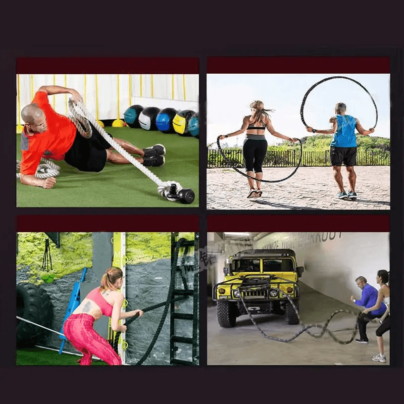Collage of people using heavy weighted jump ropes for exercise and boxing training outdoors and indoors.