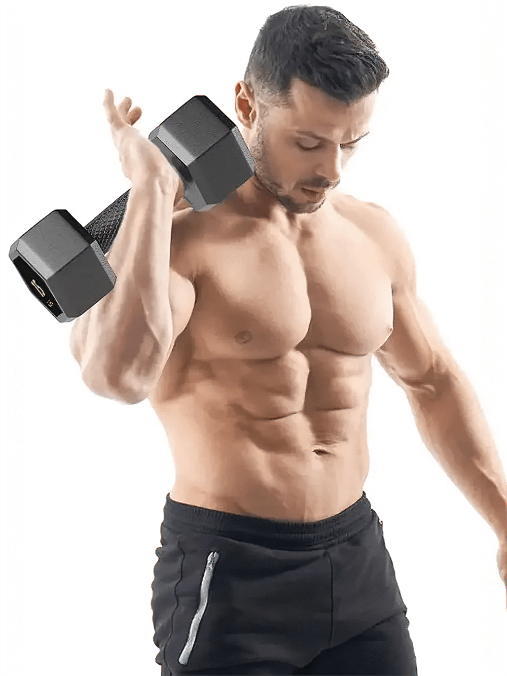 Man exercising with hex dumbbell, showcasing strength training and muscle building with PVC-coated weights for home gym workouts.