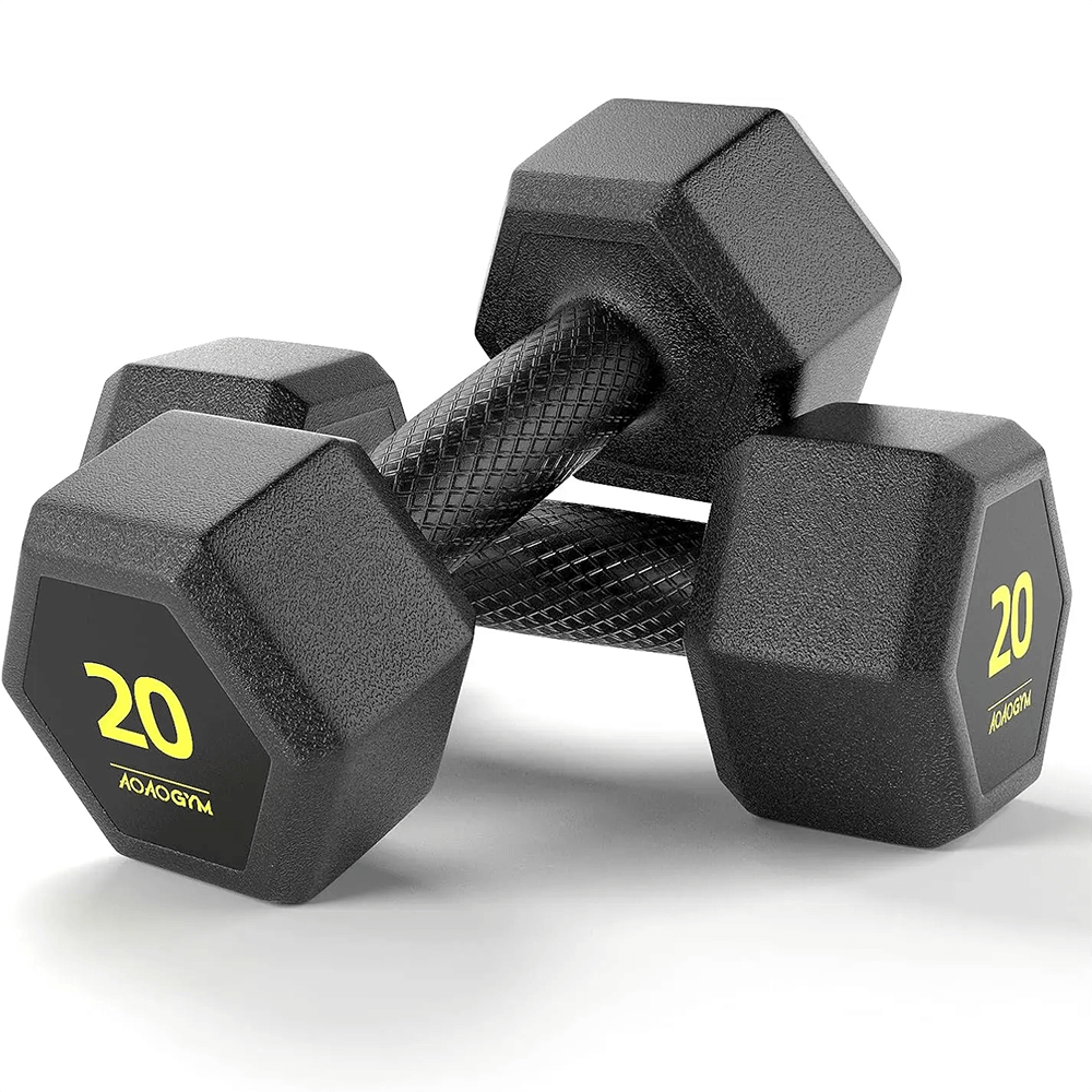 Set of hex dumbbells with PVC coating for strength training and workouts. Ideal for home gyms and muscle building exercises.